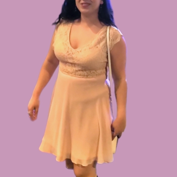 Cute Y2K Midi/ Mini Dress Lace & Chiffon Champagne Peach A-line Dress Barbiecore - Picture 3 of 16